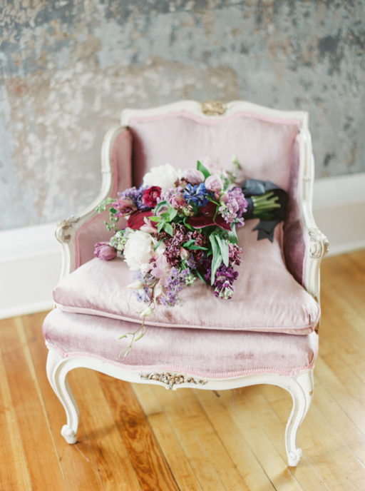 Lavendar, Plum, Navy, Bridal Bouquet on Antique Lavendar Chair