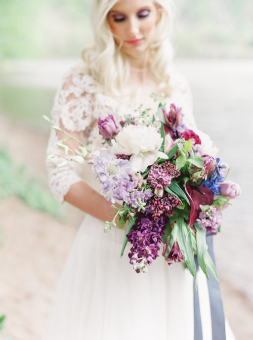 Lavendar, Plum, Navy Bridal Bouquet and Bride