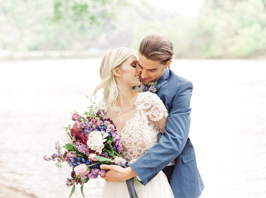 Lavendar, Plum, Navy Bridal Bouquet and Couple