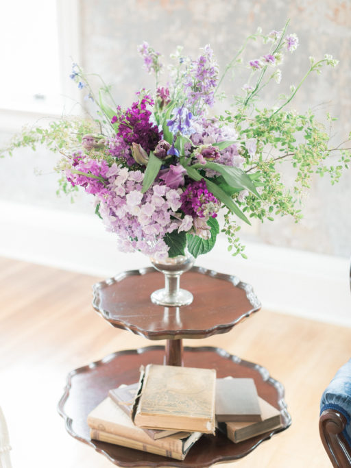 Lavendar, Plum, Greenery Arrangement with Antique end table