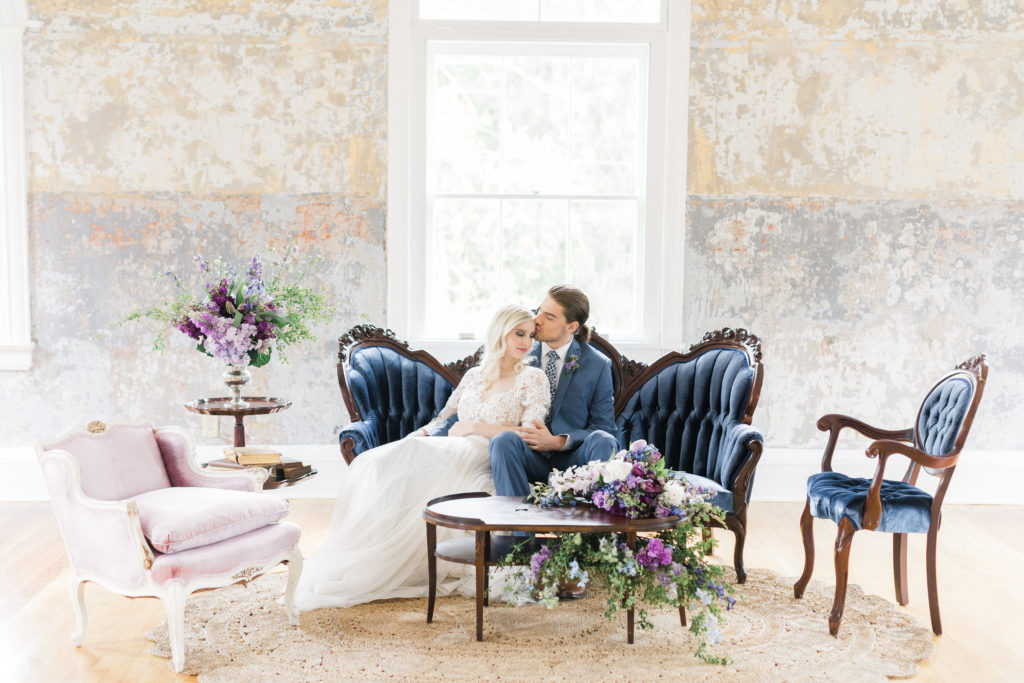 Lavendar, Plum, Navy Bridal Bouquet and Bride and Groom and Antique Sofa