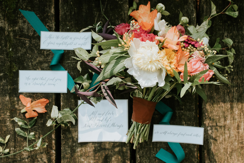 Pink, Coral, Greenery Bouquet with Teal Accent