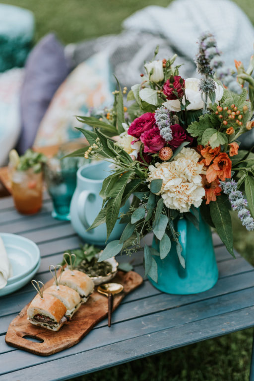 Picnic Style Colorful Arrangement in Teal Pitcher