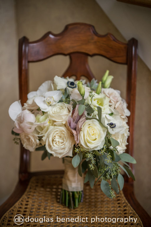 white rose, anemone, eucolyptus bridal bouquet