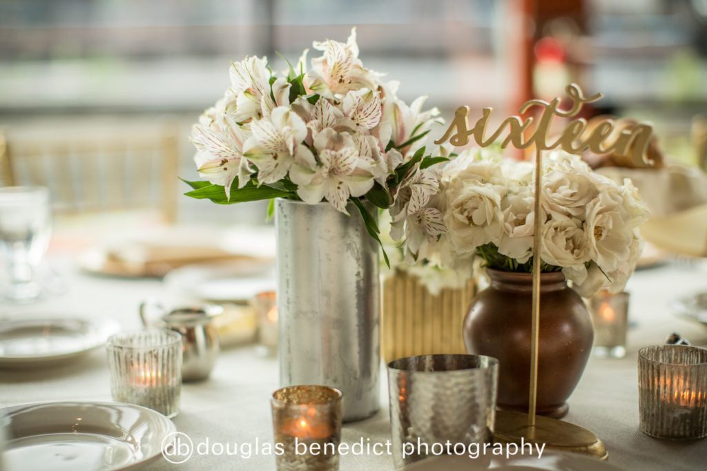 mixed metal and white floral centerpiece