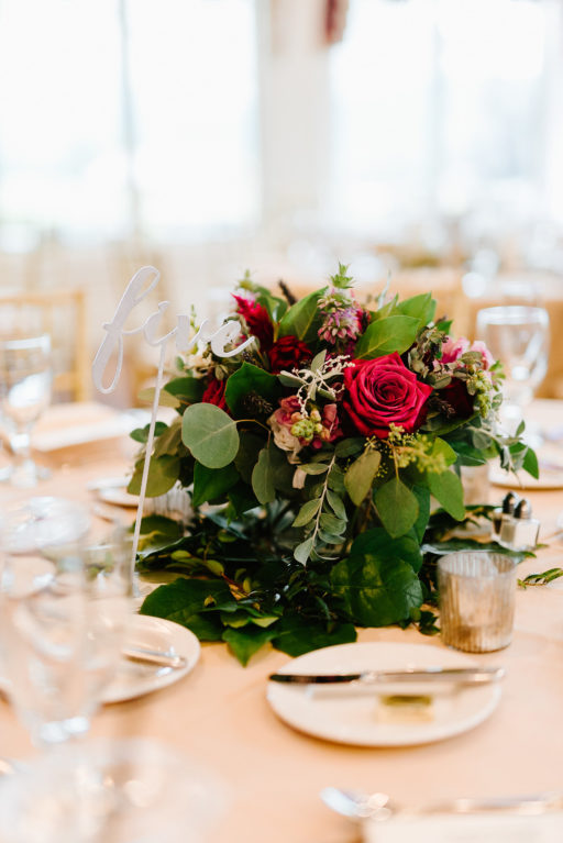 red, purple, lush greenery, stylish, wedding, centerpice