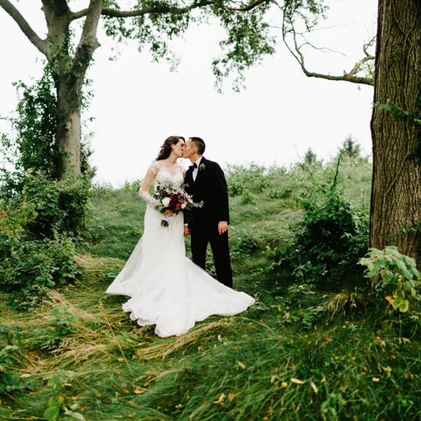 red, purple, lush greenery, stylish, wedding, lush greenery forest, bride and groom