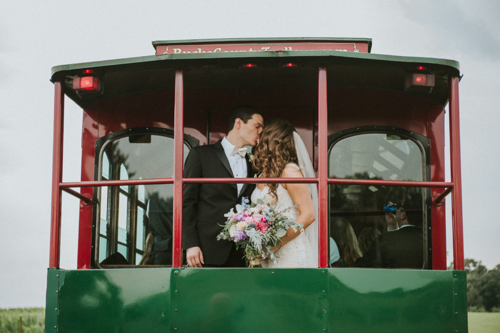 pink, blue, green, thistle, dahlia, greenery, winery wedding trolly ride