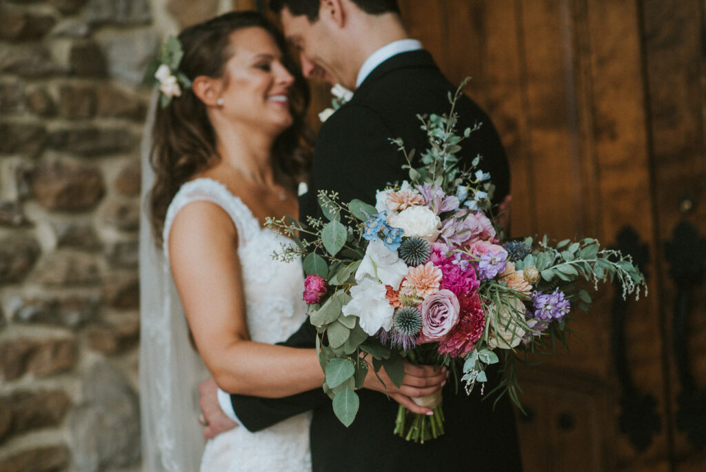 pink, blue, green, thistle, dahlia, greenery, winery wedding bridal bouquet