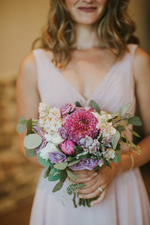 pink, blue, green, thistle, dahlia, greenery, winery wedding bridesmaid bouquet