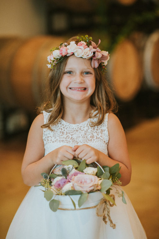 pink, blue, green, thistle, dahlia, greenery, winery wedding flower girl flower crown