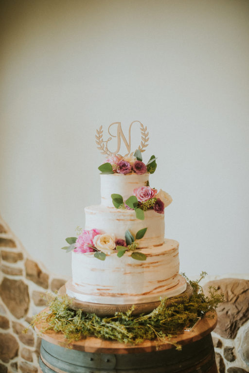 pink, blue, green, thistle, dahlia, greenery, winery wedding lavendar cake