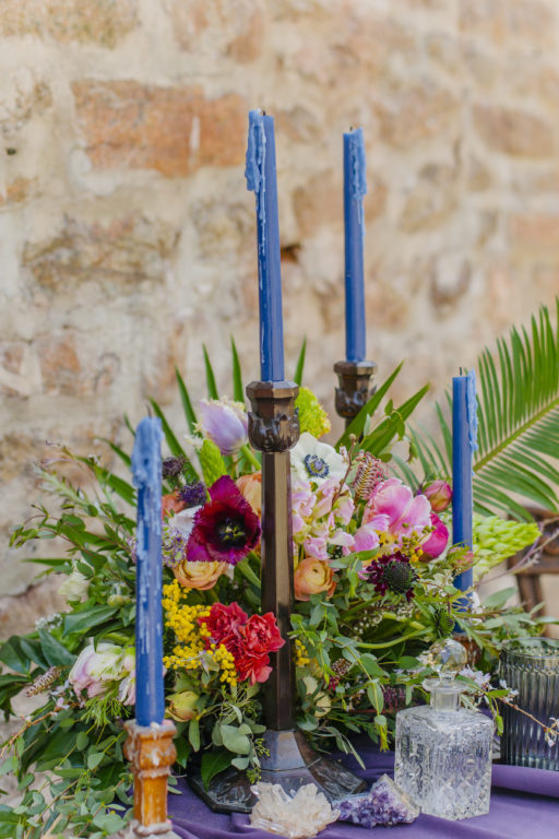 blues, gem tones, mineral stones, bohemian styled shoot table scape candles