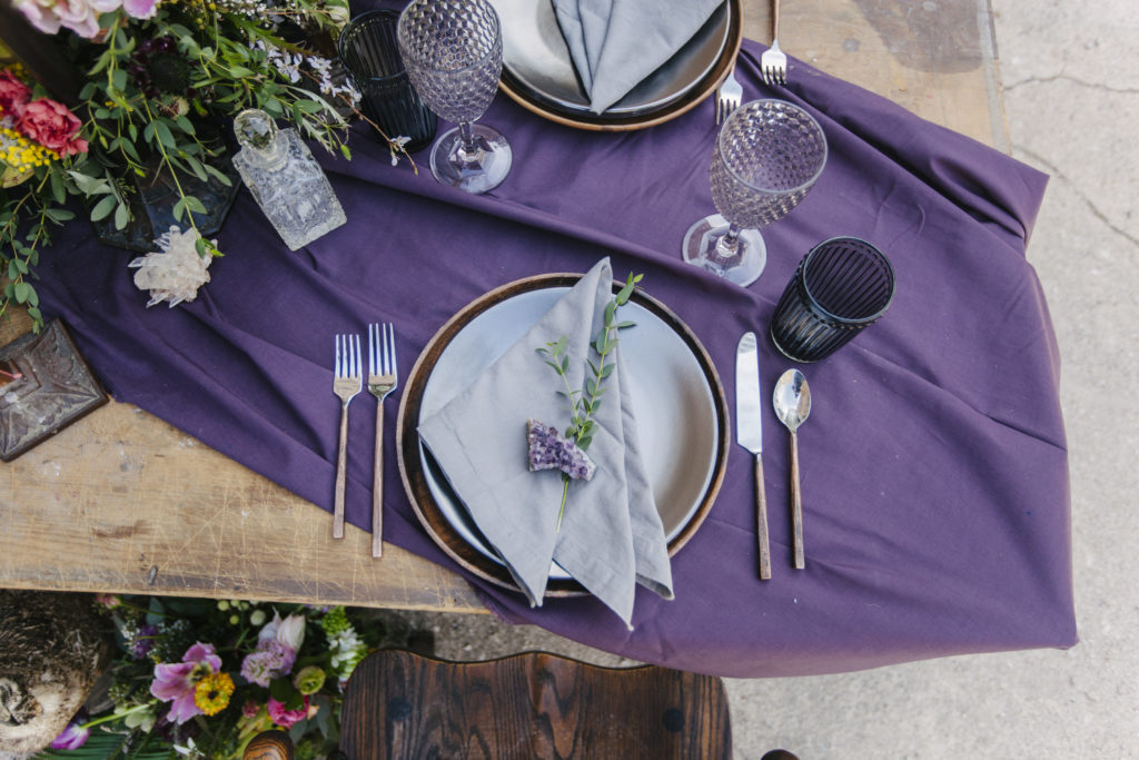 blues, gem tones, mineral stones, bohemian styled shoot tablescape