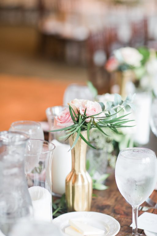 blush, cream, green, light and airy, classic wedding simple centerpiece gold vase