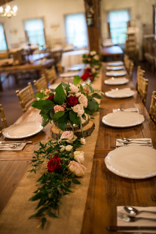 Burgundy, blush, red, greenery, roses, rustic chic wedding, farm table aisle runner centerpiece