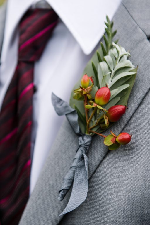 Burgundy, blush, red, greenery, roses, dahlias, rustic chic wedding, boutonniere