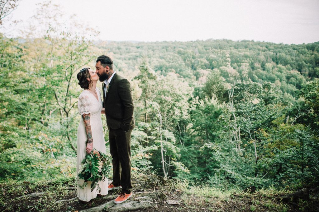 Greenery micro wedding boho palm, hydrangea, ivy, bride and groom