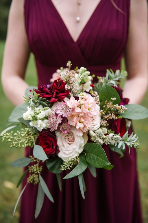 Burgundy, blush, red, greenery, roses, dahlias, rustic chic wedding, bridesmaid bouquet