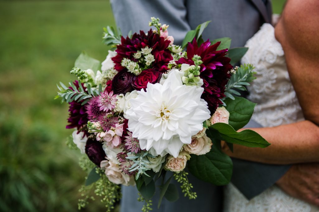 Burgundy, blush, red, greenery, roses, dahlias, rustic chic wedding, bridal bouquet