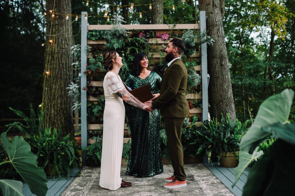 Greenery micro wedding boho palm, hydrangea, ivy, greenery wall ceremony