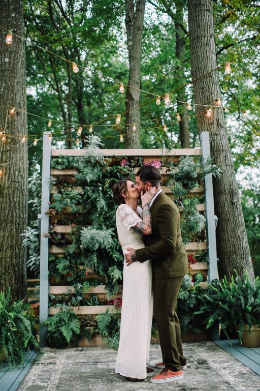 Greenery micro wedding boho palm, hydrangea, ivy, greenery wall ceremony