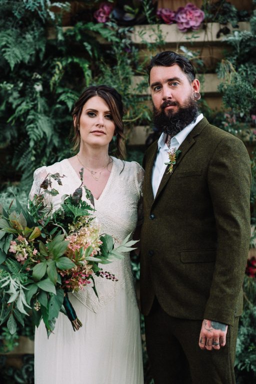 Greenery micro wedding boho palm, hydrangea, ivy, greenery wall ceremony