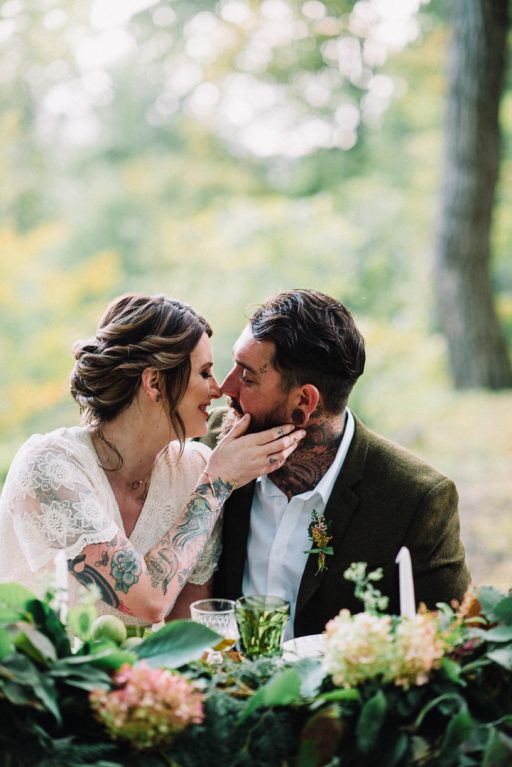 Greenery micro wedding boho palm, hydrangea, ivy, bride and groom sweetheart table