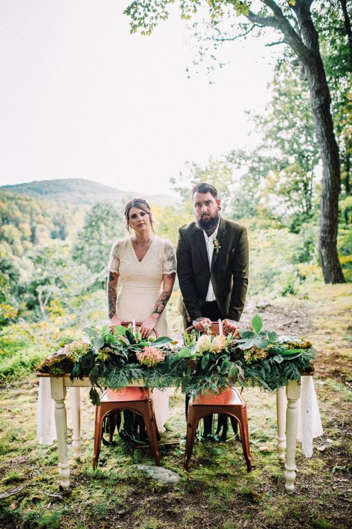 Greenery micro wedding boho palm, hydrangea, ivy, bride and groom sweetheart table