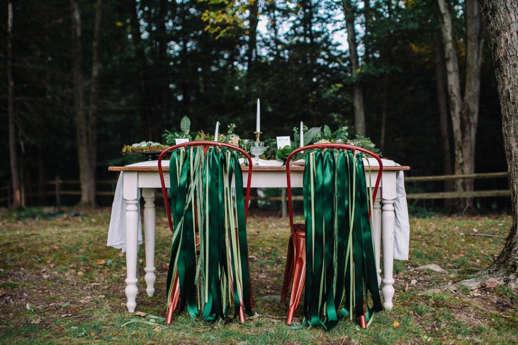 Greenery micro wedding boho palm, hydrangea, ivy, sweetheart table green ribbons copper chairs