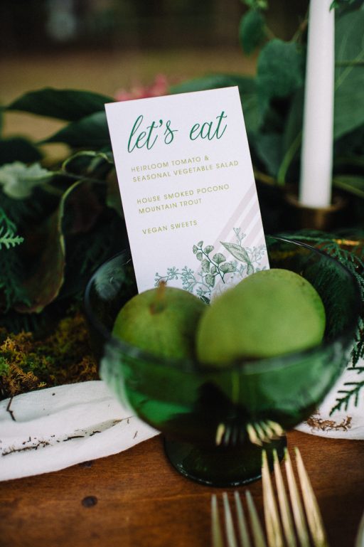 Greenery micro wedding boho palm, hydrangea, ivy, sweetheart table pears menu