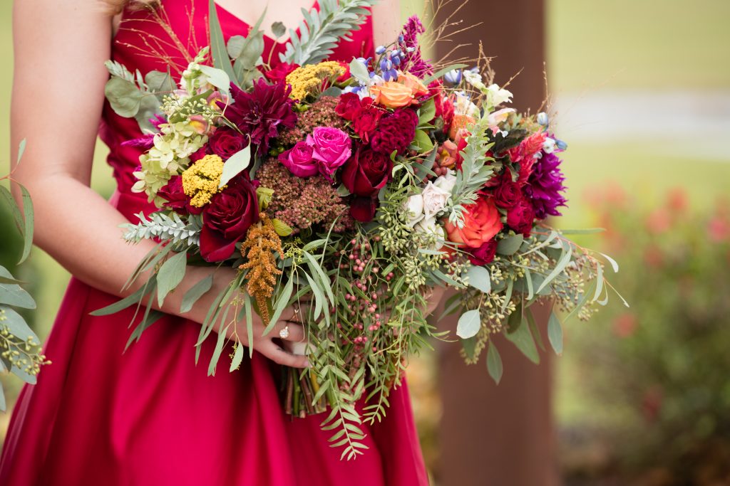 Fall wedding, red, green, yellow, pink florals, dahlias bridesmaids