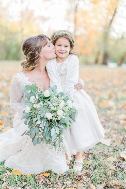 Green, white, cream, blush, eucalyptus, wedding, bride and flower girl