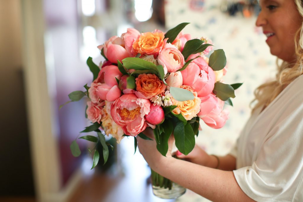 pink, orange, greenery, garden roses, peonies, roses, spring wedding, bridal bouquet