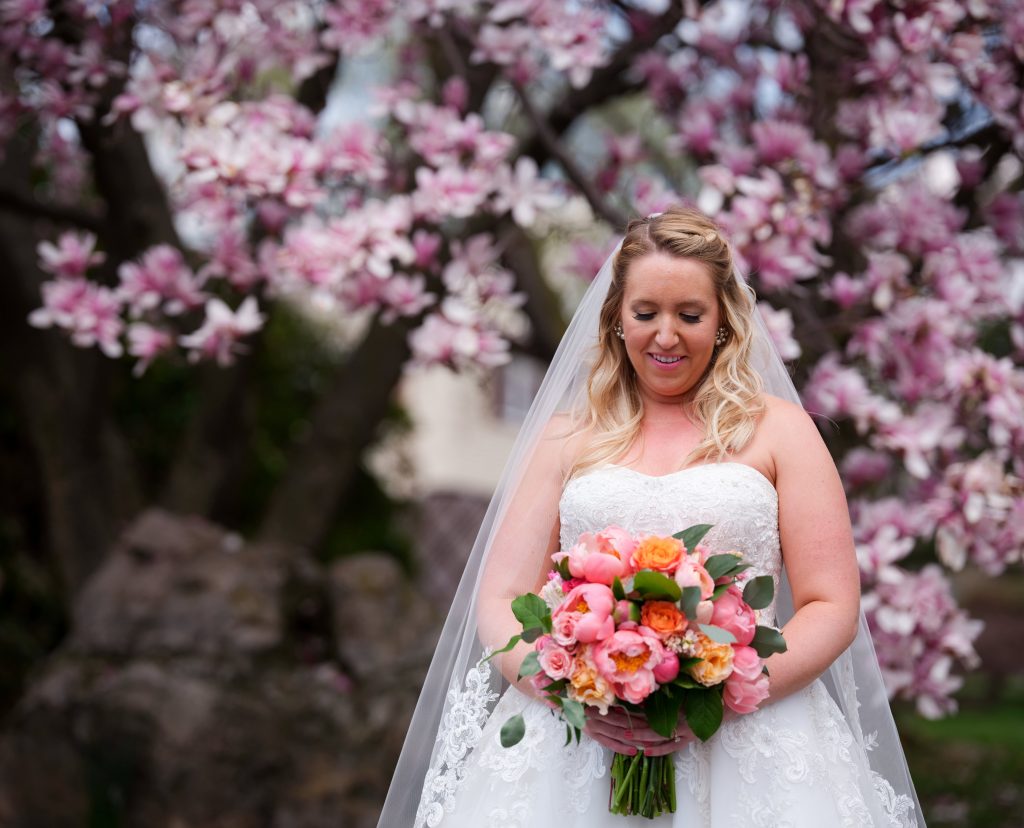 purple, pink, orange, greenery, garden roses, peonies, roses, spring wedding, bridal bouquet