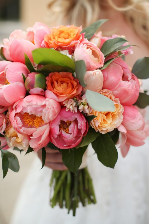 purple, pink, orange, greenery, garden roses, peonies, roses, spring wedding, bridal bouquet