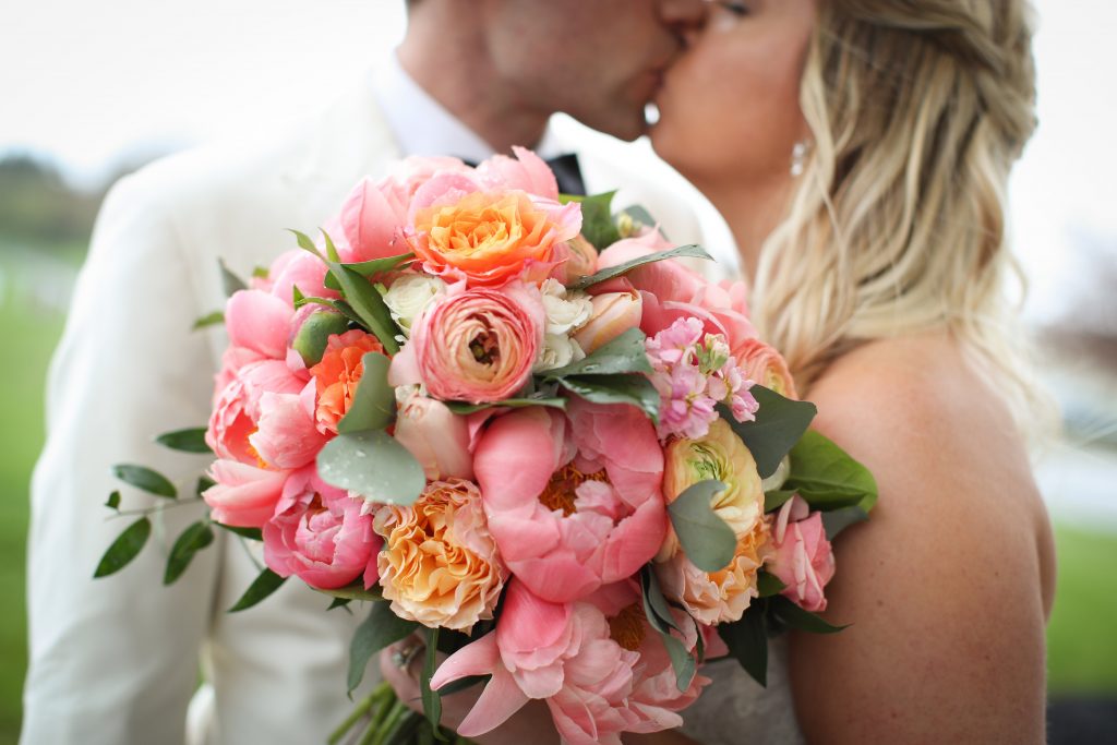 purple, pink, orange, greenery, garden roses, peonies, roses, spring wedding, bride and groom