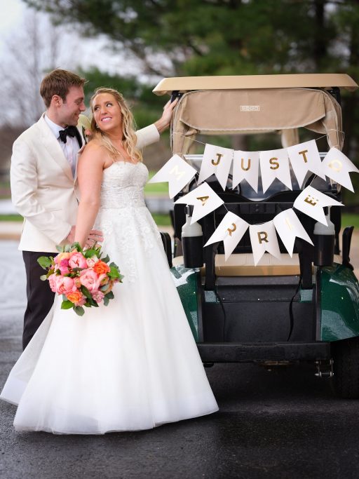 purple, pink, orange, greenery, garden roses, peonies, roses, spring wedding, bride and groom golf cart