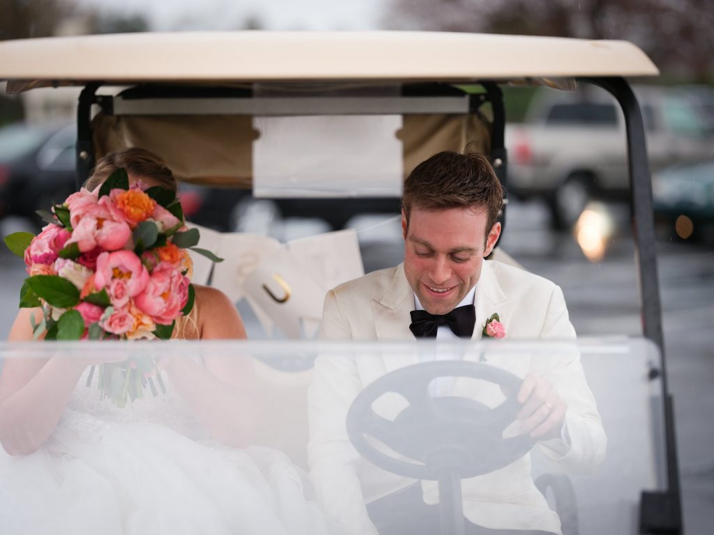 purple, pink, orange, greenery, garden roses, peonies, roses, spring wedding, bride and groom