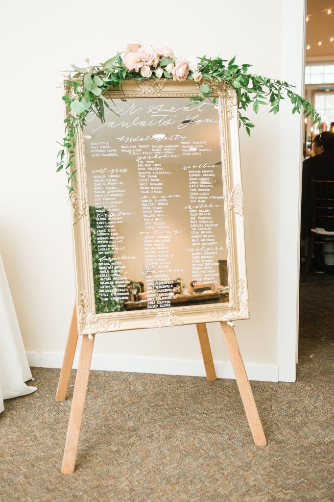 Summer wedding, coral, blush, white, greenery, roses, succulants, eucalyptus, escort sign floral swag