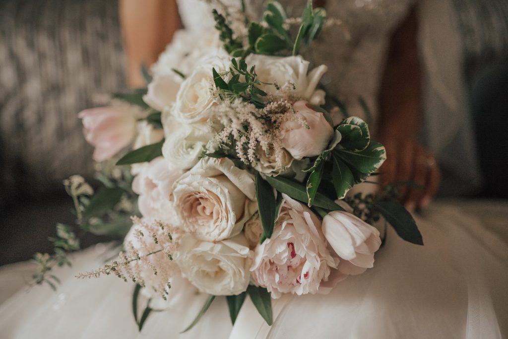 blush pink, greenery, white, classic, clean, outdoor wedding, roses, tulips, peonies, bridal bouquet