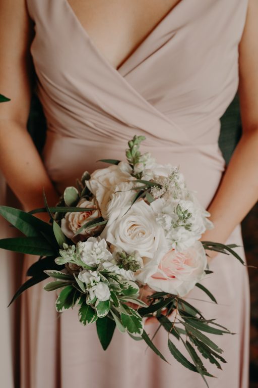 blush pink, greenery, white, classic, clean, outdoor wedding, roses, tulips, peonies, bridesmaids
