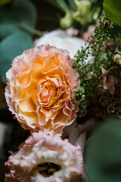 whimsical organic farm wedding, coral, peach, green, blush, roses, tulips, detail florals