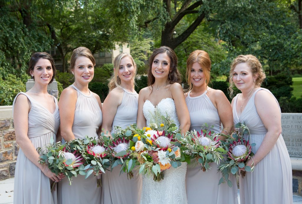 Fall, wedding, secret garden, vintage, viney, blush, peach, muted orange, roses, spray roses, king protea, greenery, birch, dahlias, bridesmaid and bride.