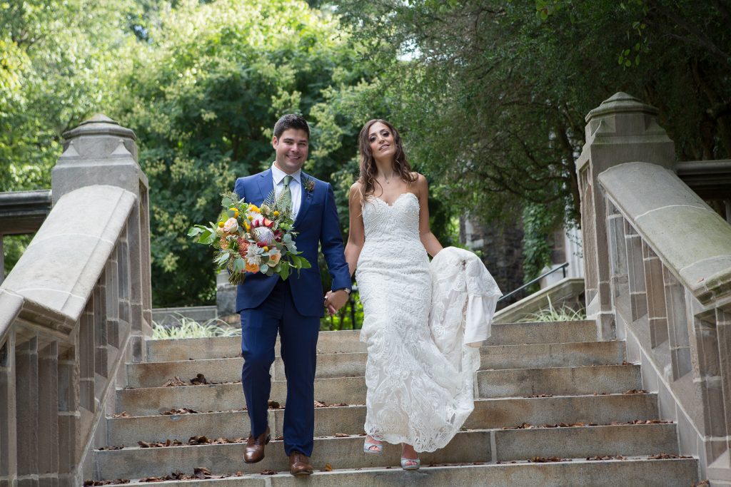 Fall, wedding, secret garden, vintage, viney, blush, peach, muted orange, roses, spray roses, king protea, greenery, birch, dahlias, bride and groom.