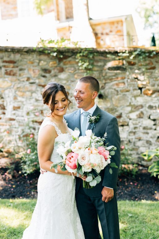 Summer wedding, natural, greenery, light, fresh, peonies, juliet roses, cream, pink, blush, bride and groom.