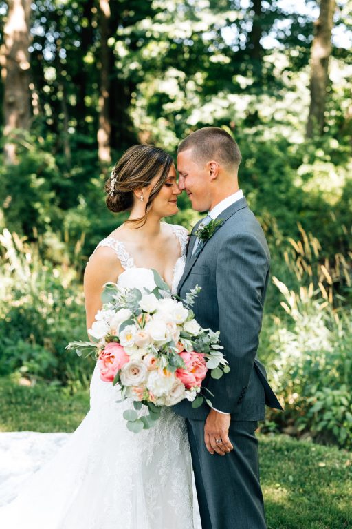 Summer wedding, natural, greenery, light, fresh, peonies, juliet roses, cream, pink, blush, bride and groom.