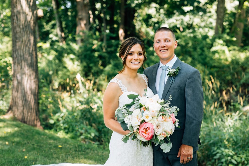 Summer wedding, natural, greenery, light, fresh, peonies, juliet roses, cream, pink, blush, bride and groom.