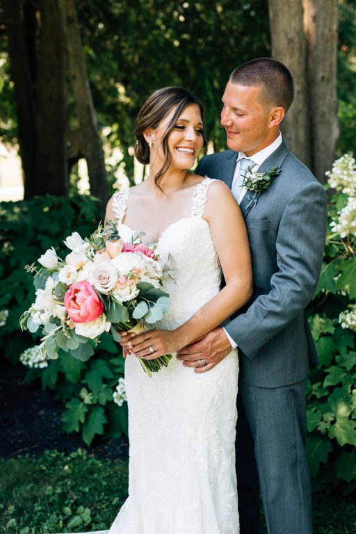 Summer wedding, natural, greenery, light, fresh, peonies, juliet roses, cream, pink, blush, bride and groom.