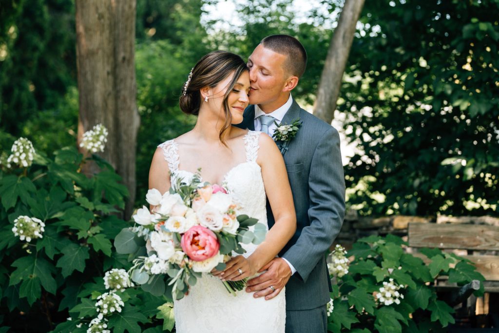 Summer wedding, natural, greenery, light, fresh, peonies, juliet roses, cream, pink, blush, bride and groom.